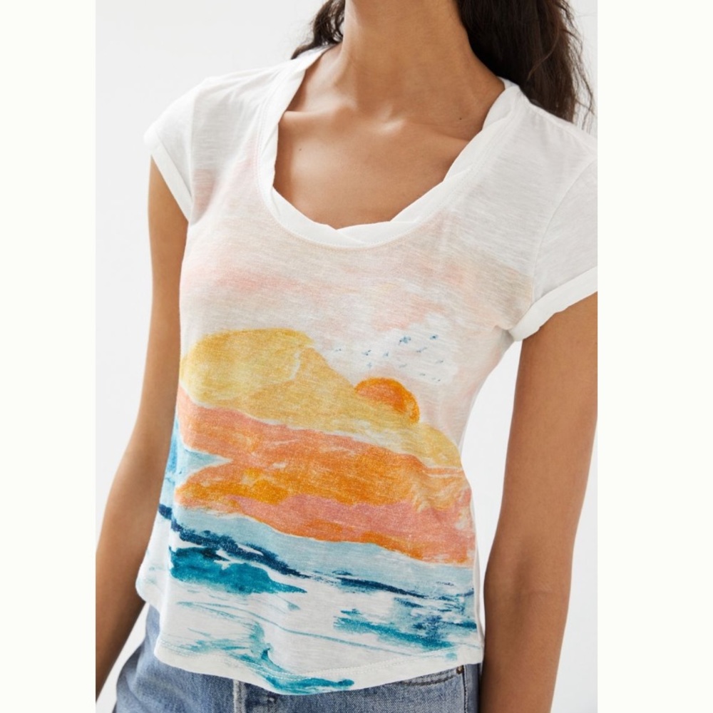 Anthropologie Pilcro Springtime Watercolor Sunset Graphic Tee Shirt Top